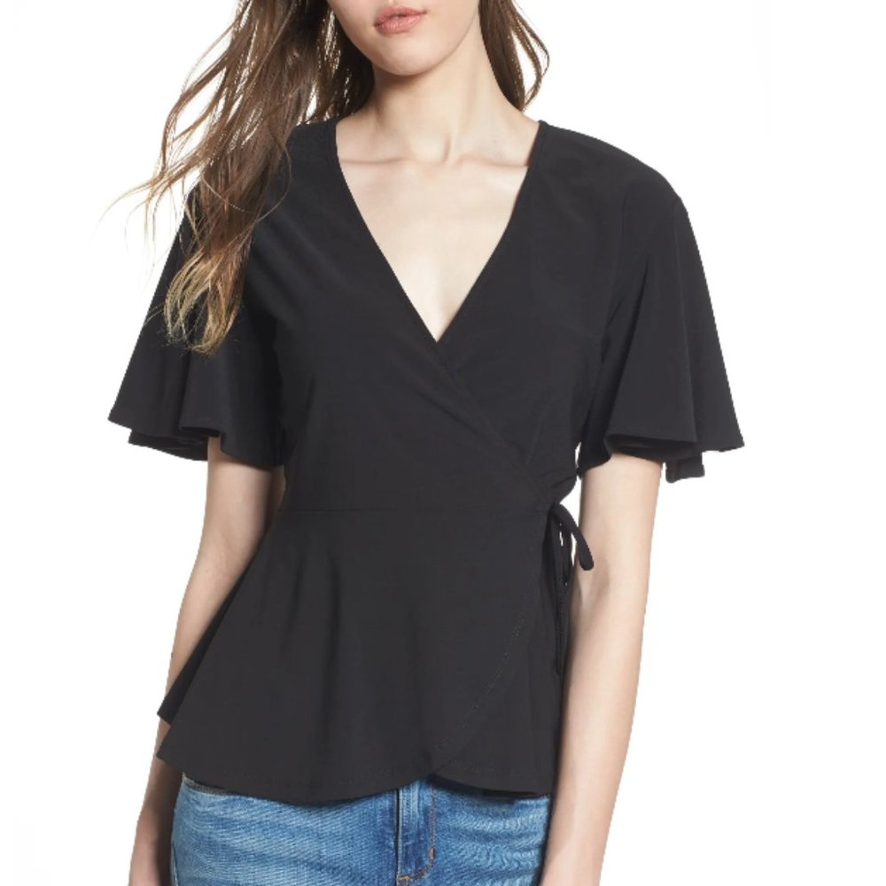 Flounce Sleeve Faux Wrap Top